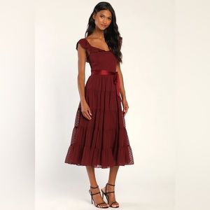Lulus Tier to Win Burgundy Tiered Flutter Sleeve Midi Dress (Size L)